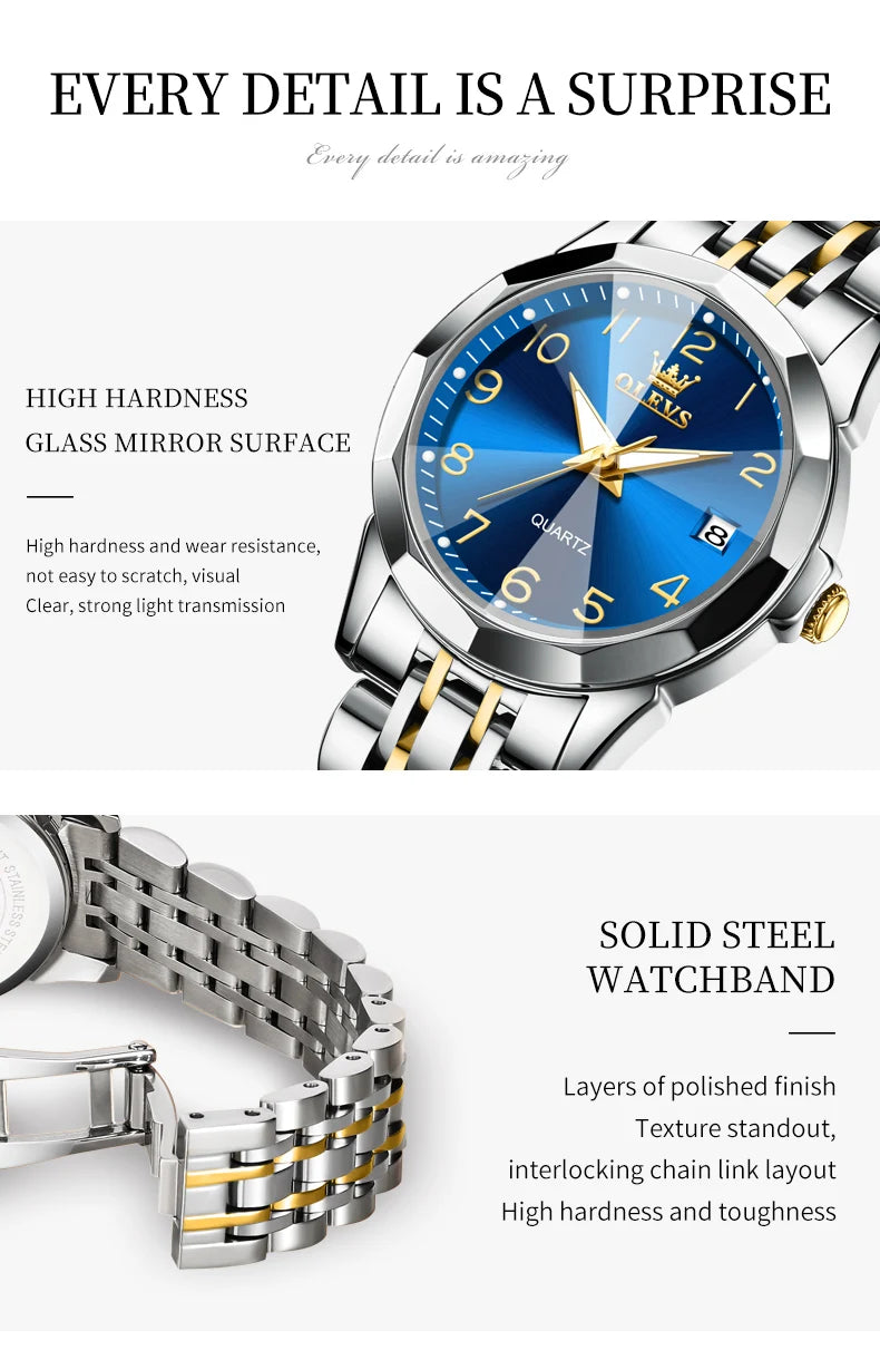 OLEVS 9970 Couple Watch For Men Women Luxury Number Dial Rhombus Mirror Quartz Hand Clock Stainless Steel Original Dress Watches