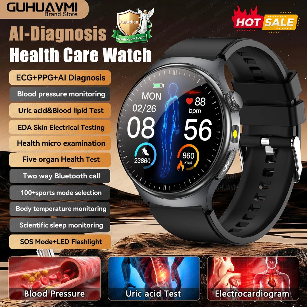 Newly Upgared Precise Health Diagnosis Smart Watch ECG Uric Acid Blood Pressure Micro Physical Examination Clock For Android iOS