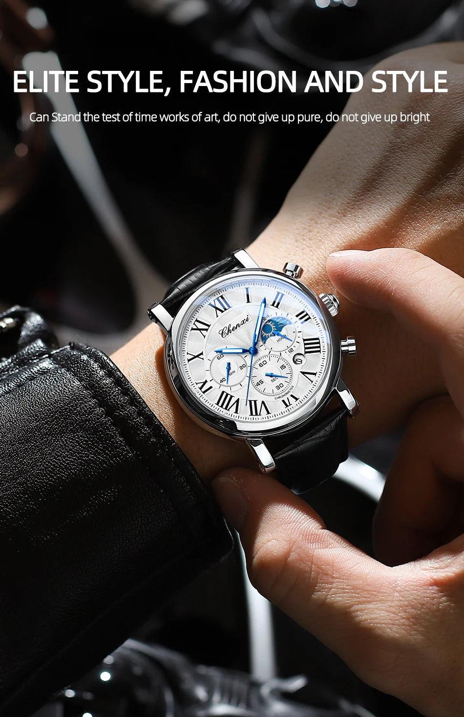 CHENXI Multifunction Men's Watches Business Roman Numerals Leather Strap Quartz Man Watch Chronograph Moon Phase Calendar
