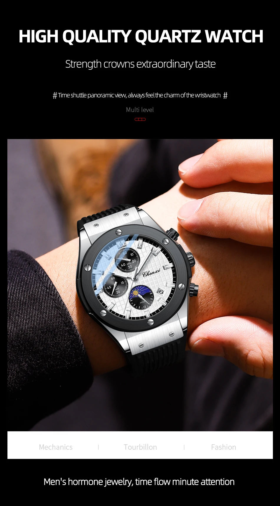 CHENXI Original Watch Quartz Waterproof Sports Watches Men Silicone Strap Chronograph Calendar Multi Functional Wristwatches