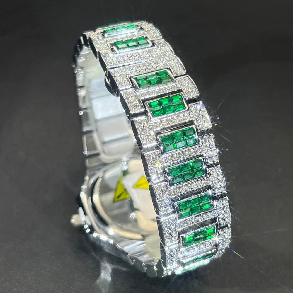 MISSFOX Luxury Watch For Men Green Sliver IcedOut Diamond Hip Hop Quartz Waterproof Clock Men Square Diamond Male Watch 2025 New