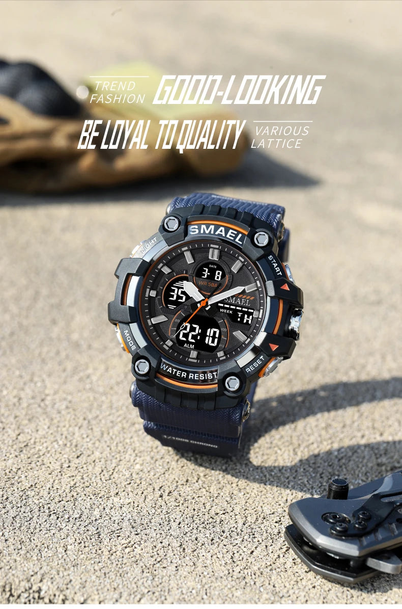 SMAEL Brand Sport Watch Men Quartz Wristwatches Waterproof Dual Time Display Military Army Green Male Clock 8079 Mens Watches