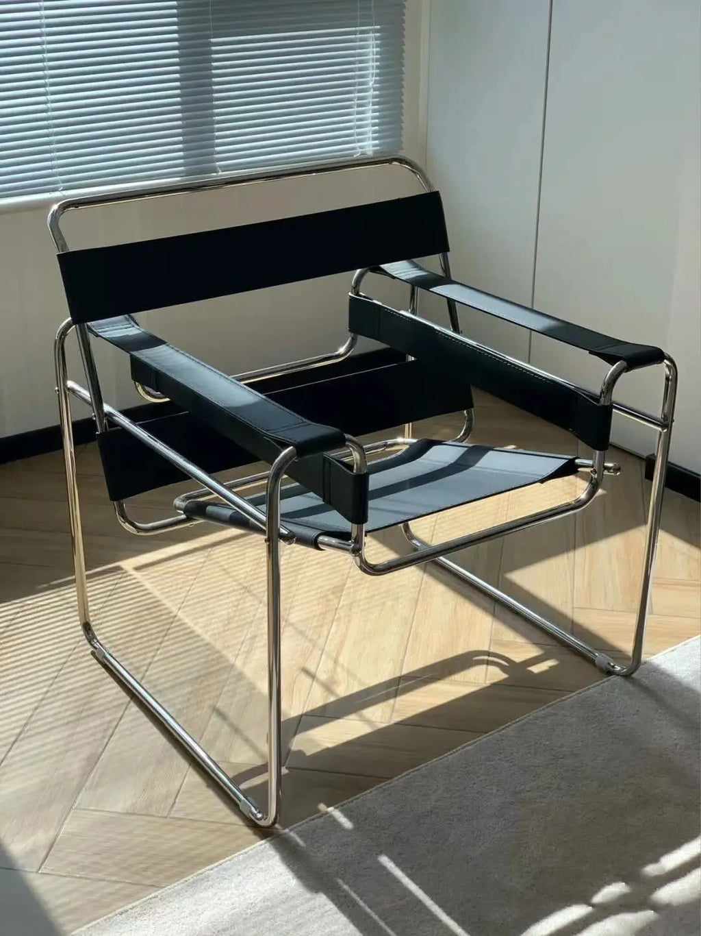 Mid Century Modern Leather Sling Chair Bauhaus Tubular Steel Minimalist Lounge Armchair