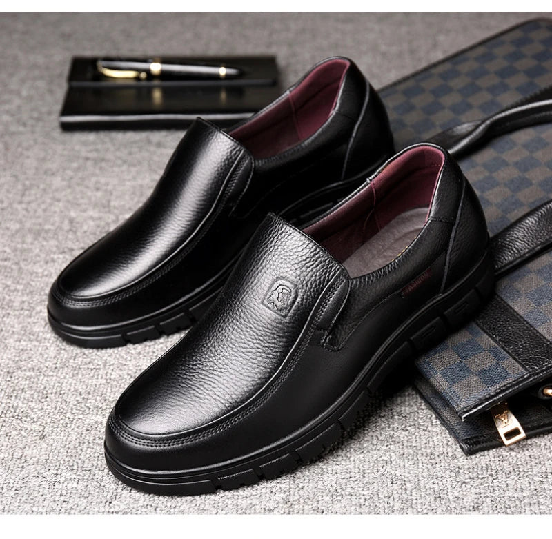 Mens Black Genuine Leather Slip On Loafers Soft Cushioned Sole Comfortable Business Casual Shoes For Middle Aged Dad Daily