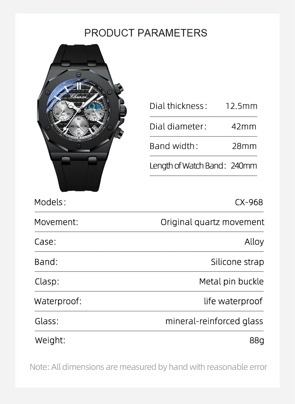 CHENXI Sports Multi-functional Silicone Man Watch Calendar Waterproof Quartz Men Watches Chronograph Moon Phase Men's Wristwatch
