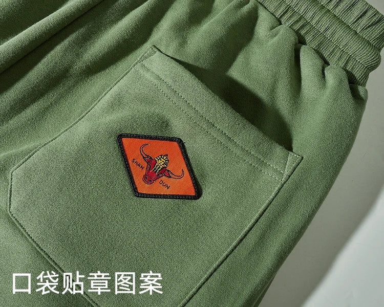 Autumn Winter American Retro Knitted Velvet Embroidery Sweatpants Men's Fashion Pure Cotton Loose Drawstring Sport Casual Pants