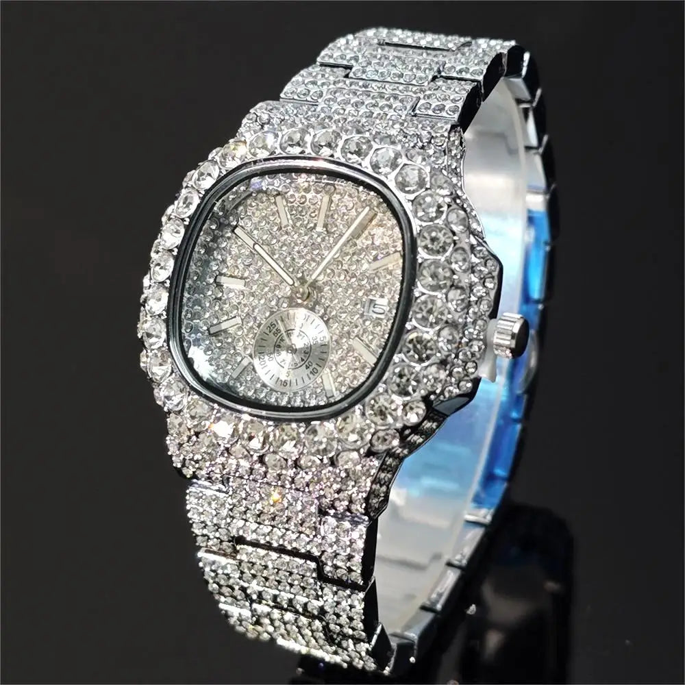 Hot Sell Luxury Iced Watch Mens Fashion Stainless Steel Gold Wristwatch Hip Hop Diamond Bling Jewelry Watch For Man Reloj Hombre