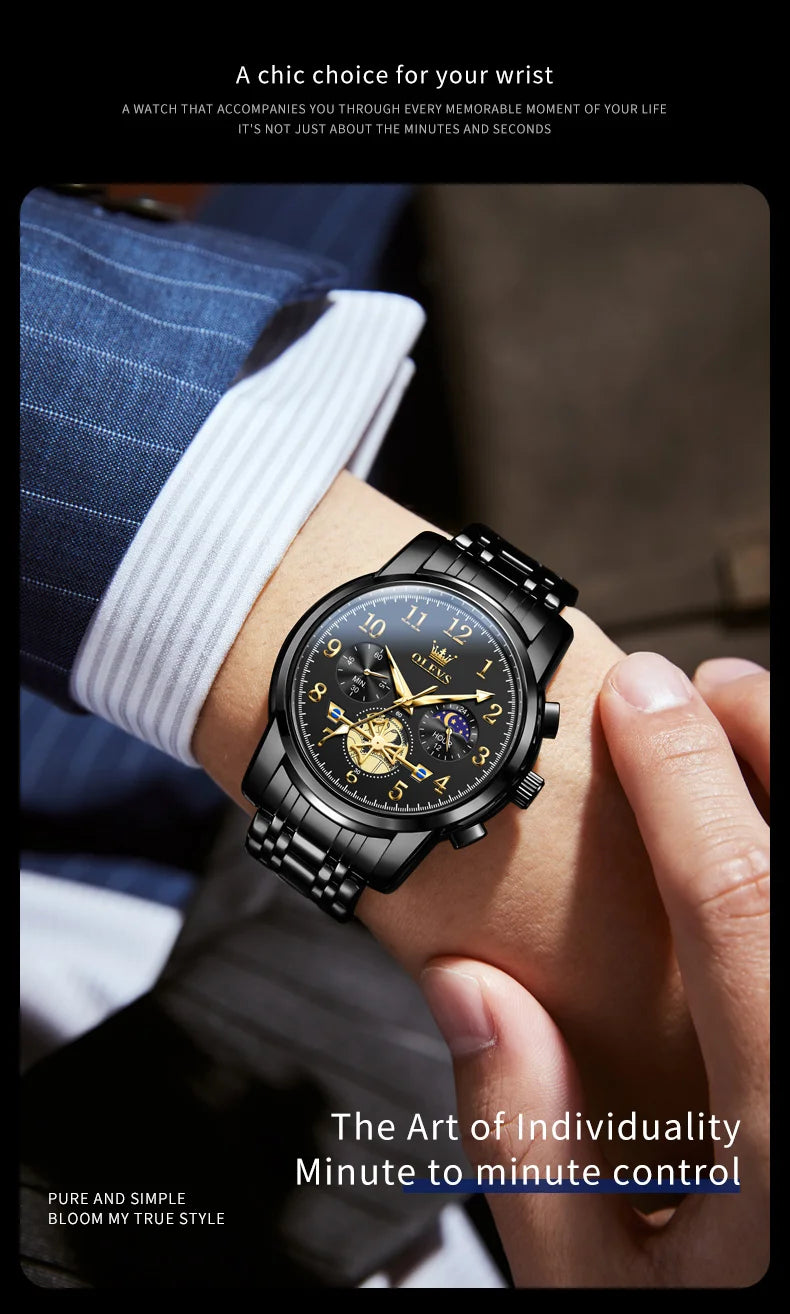 OLEVS 2900 Mens Watch Original Stainless Steel Watches For Men Calendar Moon Phase Quartz Watch Chronograph Freebie Reloj