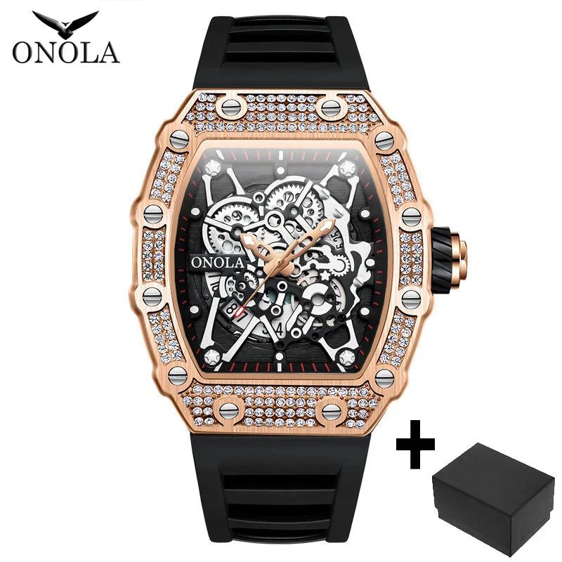 ONOLA Fashion Watch For Men Automatic Date Sports Silicone Strap Tonneau Clock Iced Diamond Quartz WristWatch Reloj Dropshipping