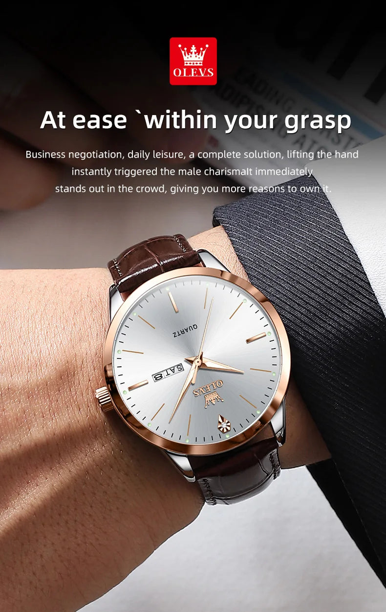OLEVS 2935 Men Quartz Watch Dual Calendar Luminous Classic Business Watch For Men Fashion Original Waterproof Dress Wristwatch