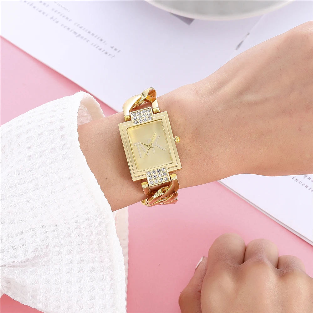 Luxury TVK Brand New Women's Watch Fashionable Temperament Style Metal Strap Square Quartz Women's Watch Clock