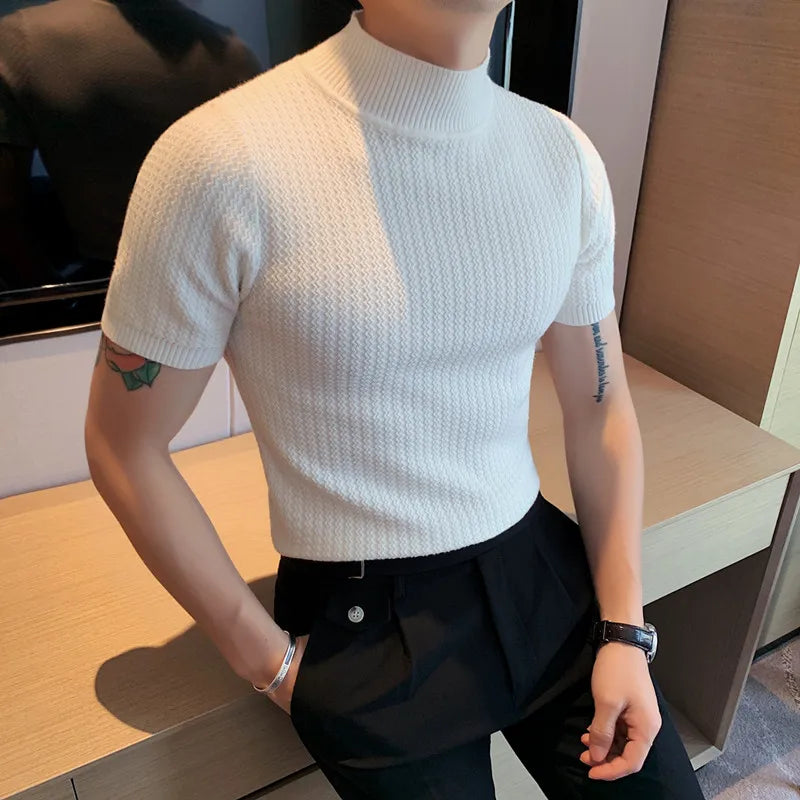 Fall Winter New Short Sleeve Knitted Sweater Men Clothing Half High Neck Slim Fit Sweater T-shirt Casual Stretch Homme Pullover