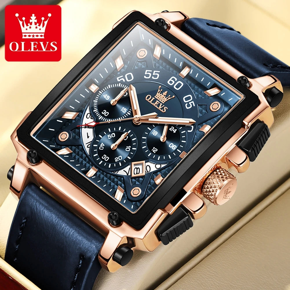 OLEVS Mens Watch Square Quartz Watch Multifunctional Business Watches For Man Waterproof Luminous Box Gift Leather Strap 9919
