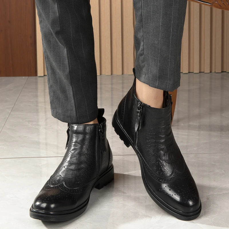 Genuine Leather Men Side Zipper Ankle Boots 2023 Men Winter Plush Snow Boots Fashion Men Casual Low Top Shoes All-match Men Shoe