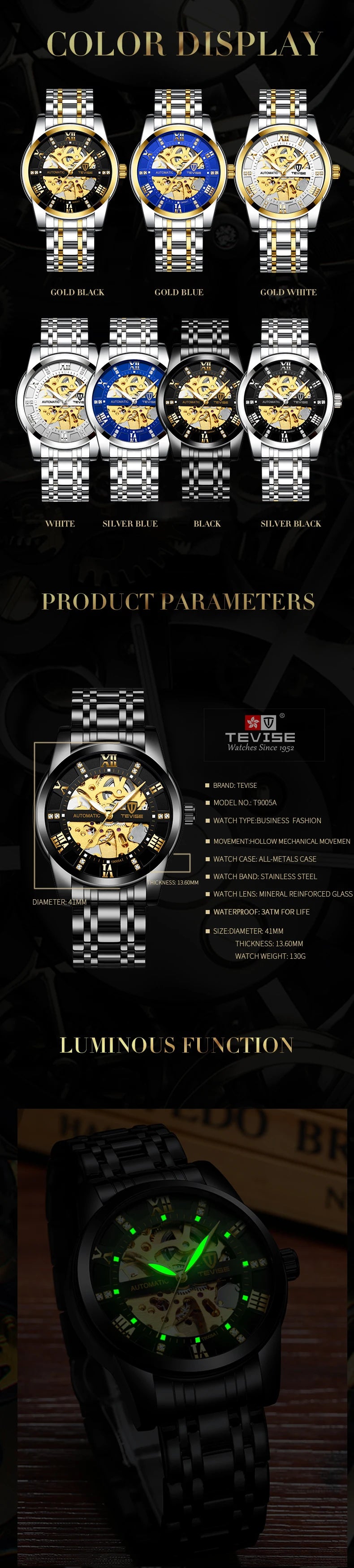 TEVISE  Men Automatic Mechanical Wrist Watch Luxury Brand Stainless Steel Mens Watch Fashion Skeleton Watches