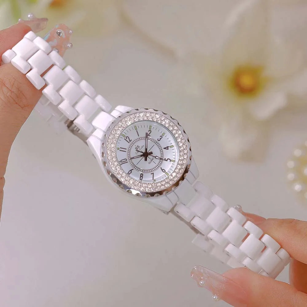 New Fashion Women Quartz Watch Ceramic Strap Clock Silver Diamond Wristwatch for Girl Student Relogio Feminino Dress Gifts