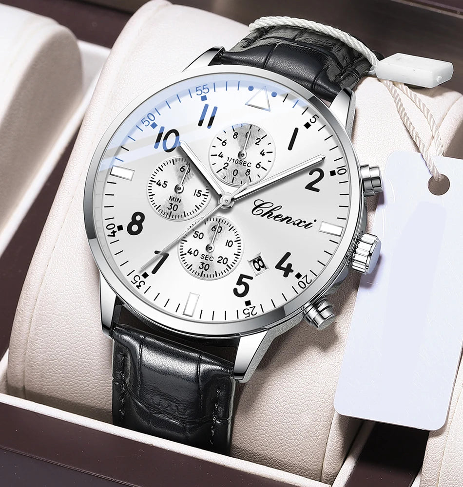 2025 New CHENXI Man Watch 43mm Classic Sports Chronograph Waterproof Luminous Quartz Men's Watches Leather Strap