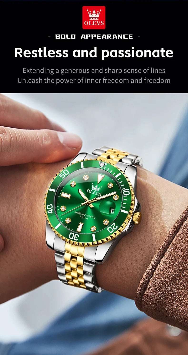 OLEVS 9809 Mens Watch Original Fashion Quartz Watch Zircon Scale Waterproof Luminous Reloj Hombre Automatic Date Watch For Man