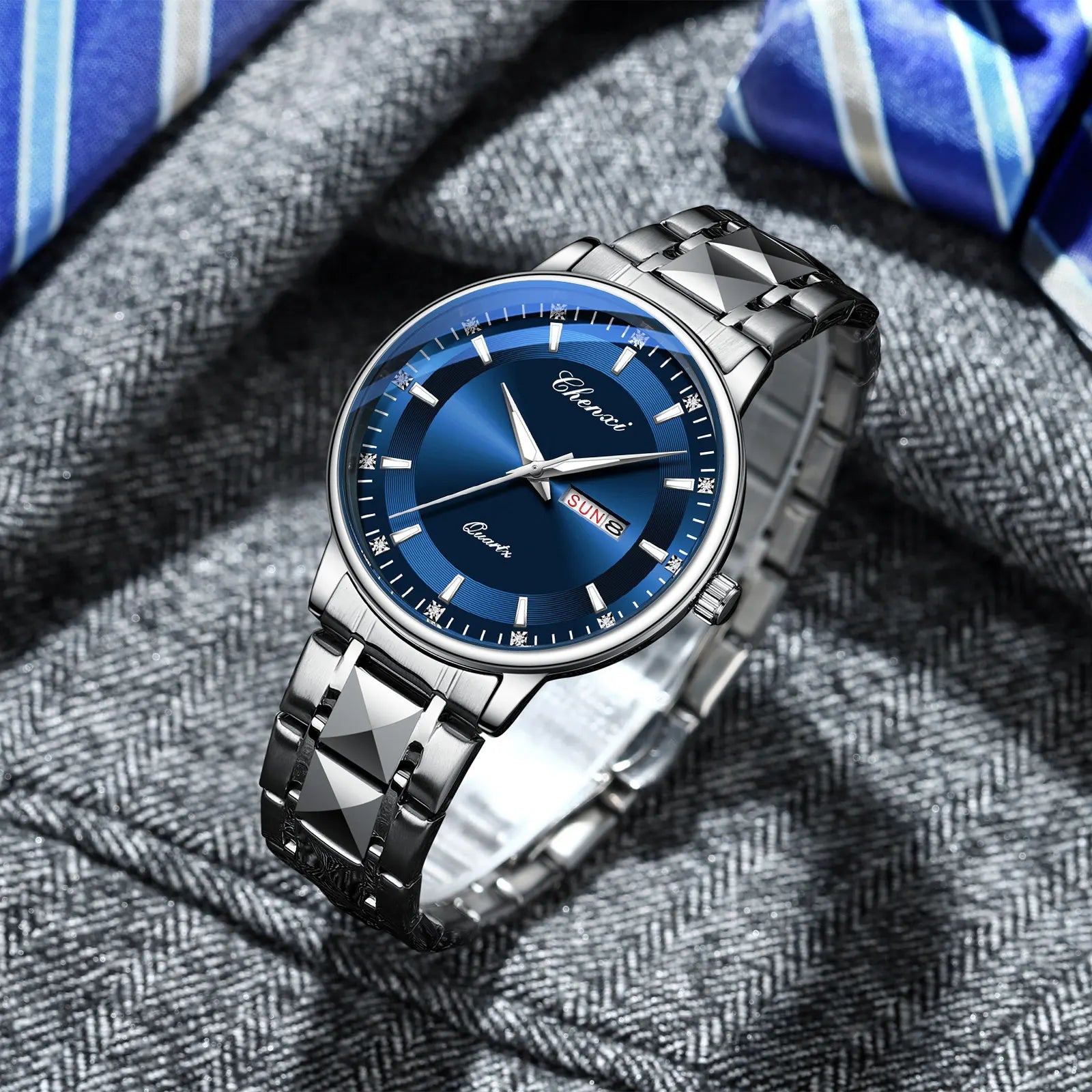 CHENXI Top Brand Fashion Men's Watch Convex Mirror Waterproof Night Light Date Calendar Stainless Steel Strap Quartz Watches NEW