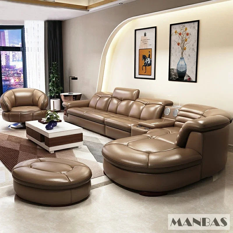 MANBAS Luxury L-Shaped Genuine Leather Sectional Sofa Sets with USB, Bluetooth Speaker - Living Room Italian Leather Couches