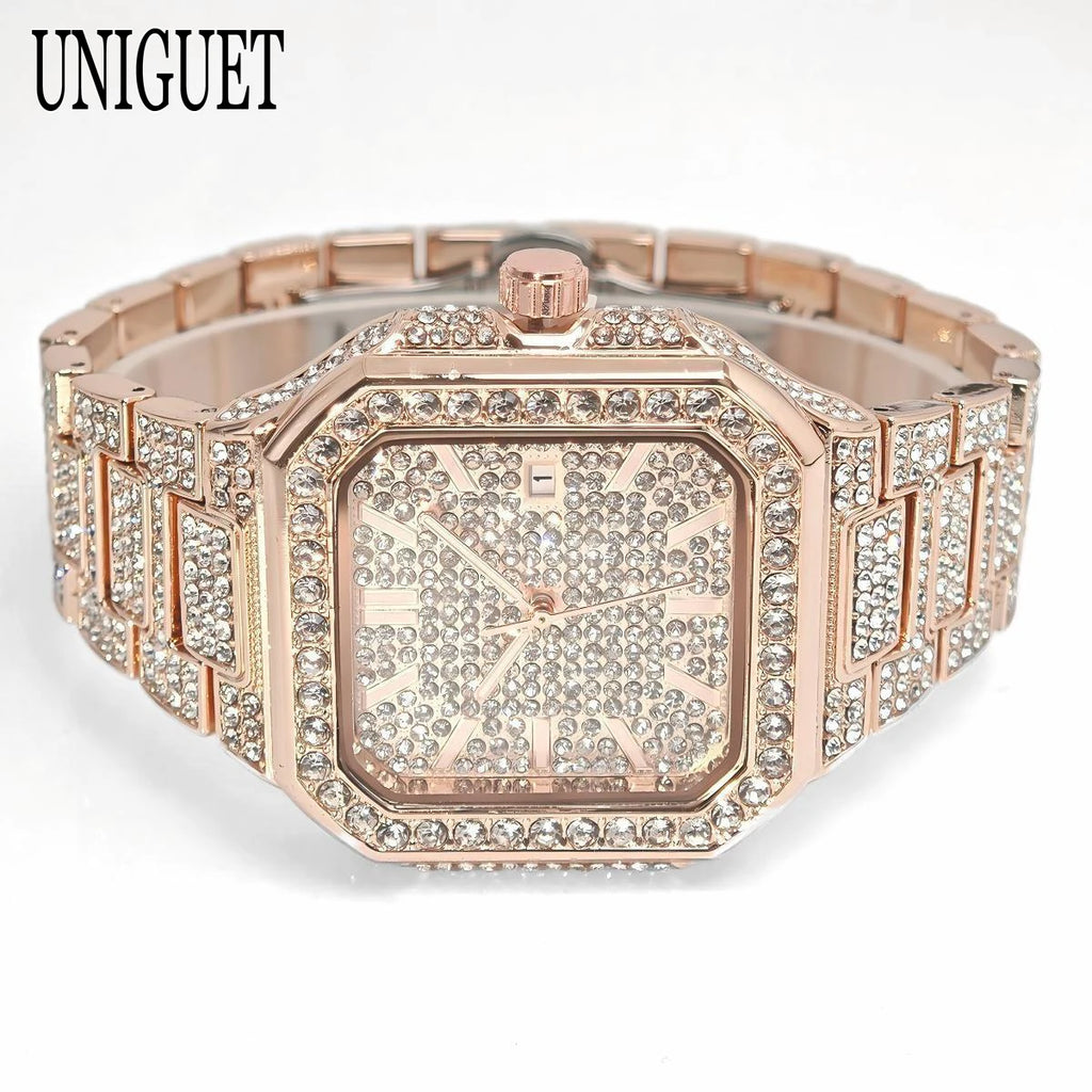 2025 New Black Iced Watch For Men Brand UNIGUET Fashion Waterproof Quartz Watch Man Hip Hop Diamond Jewelry Square Wristwatch