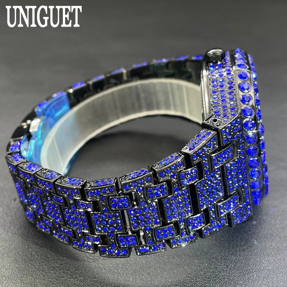 UNIGUET Cool Black Watch For Men Luxury Stainless Steel Quartz Watches Fashion Hip Hop Iced Diamond Wristwatch Man Dropshipping