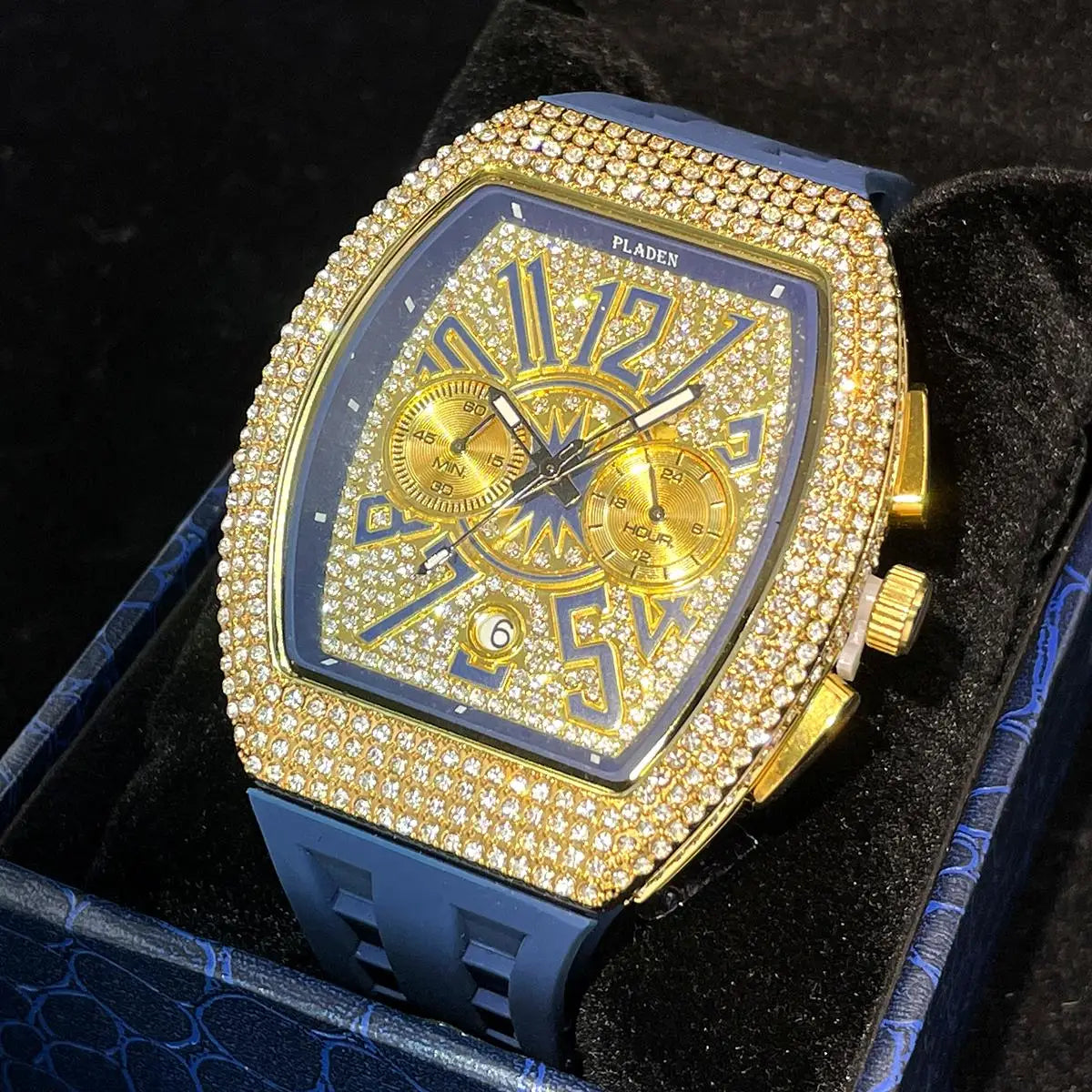 PLADEN Fashion Iced Out Watches Men Casual Blue Silicone Strap Quartz Wristwatch Man's Luxury Diamond Bling Tonneau Clocks 2026