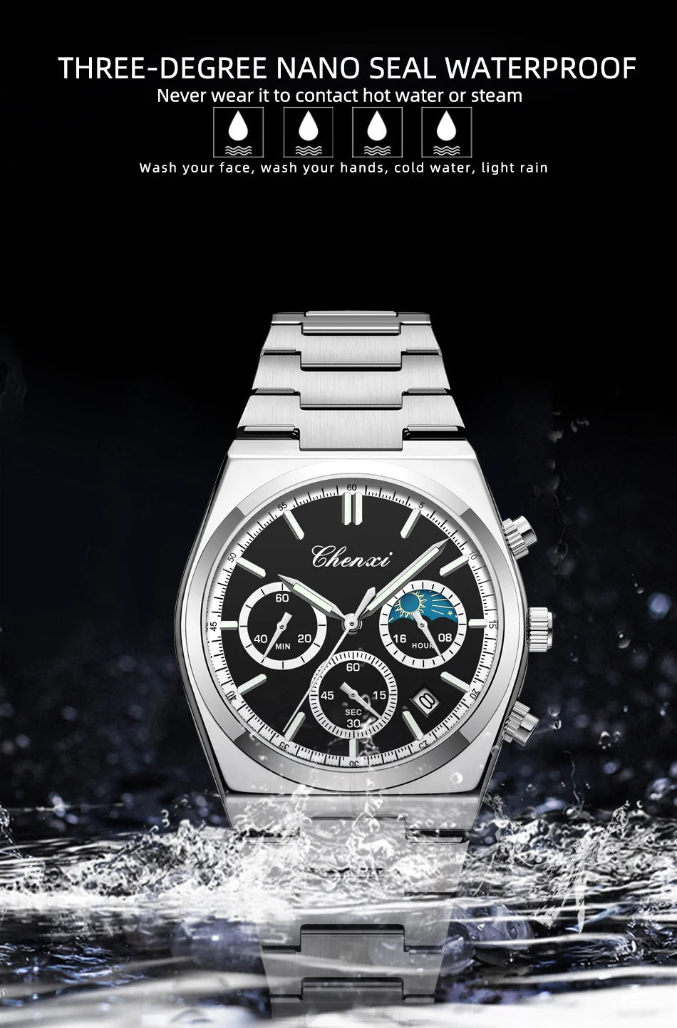 Men's Watches CHENXI 2025 High Quality Sports Chronograph Date Quartz Wristwatch Men's Watch Stainless Steel Waterproof Luminous
