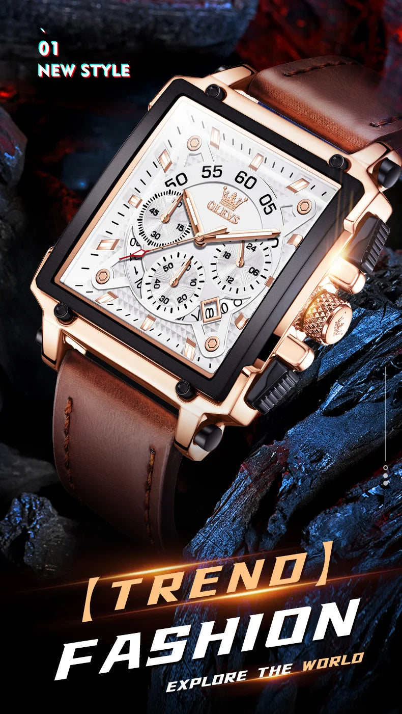 OLEVS Mens Watch Square Quartz Watch Multifunctional Business Watches For Man Waterproof Luminous Box Gift Leather Strap 9919