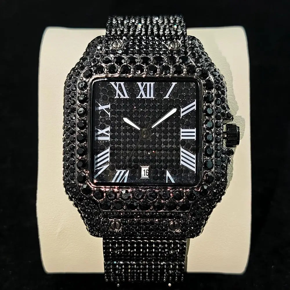 Cool Black Ice Watch For Men Brand UNIGUET Luxury Stainless Steel Quartz Timepiece Man Hip Hop Diamond Square Wristwatch New