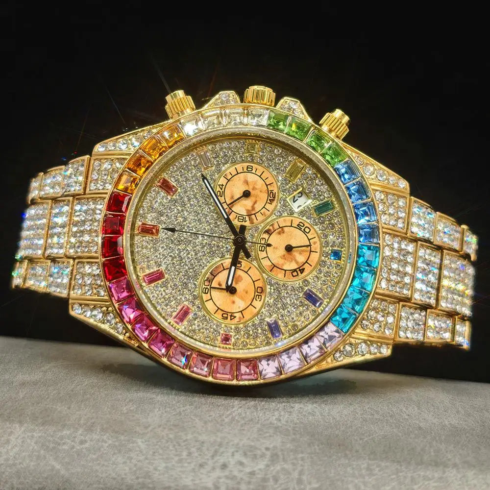 Hot Sell Fashion Gold Watch For Men Brand UNIGUET Hip Hop Rainbow Diamond shiny Jewelry Quartz Wristwatch Male Dropshipping