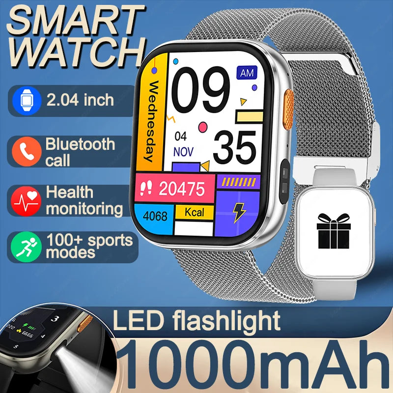New 1000mAh Large Battery Smartwatch Men Women | 2.04"HD Screen BluetoothCall Heart Rate Monitor Flashlight Sports Fitness Watch