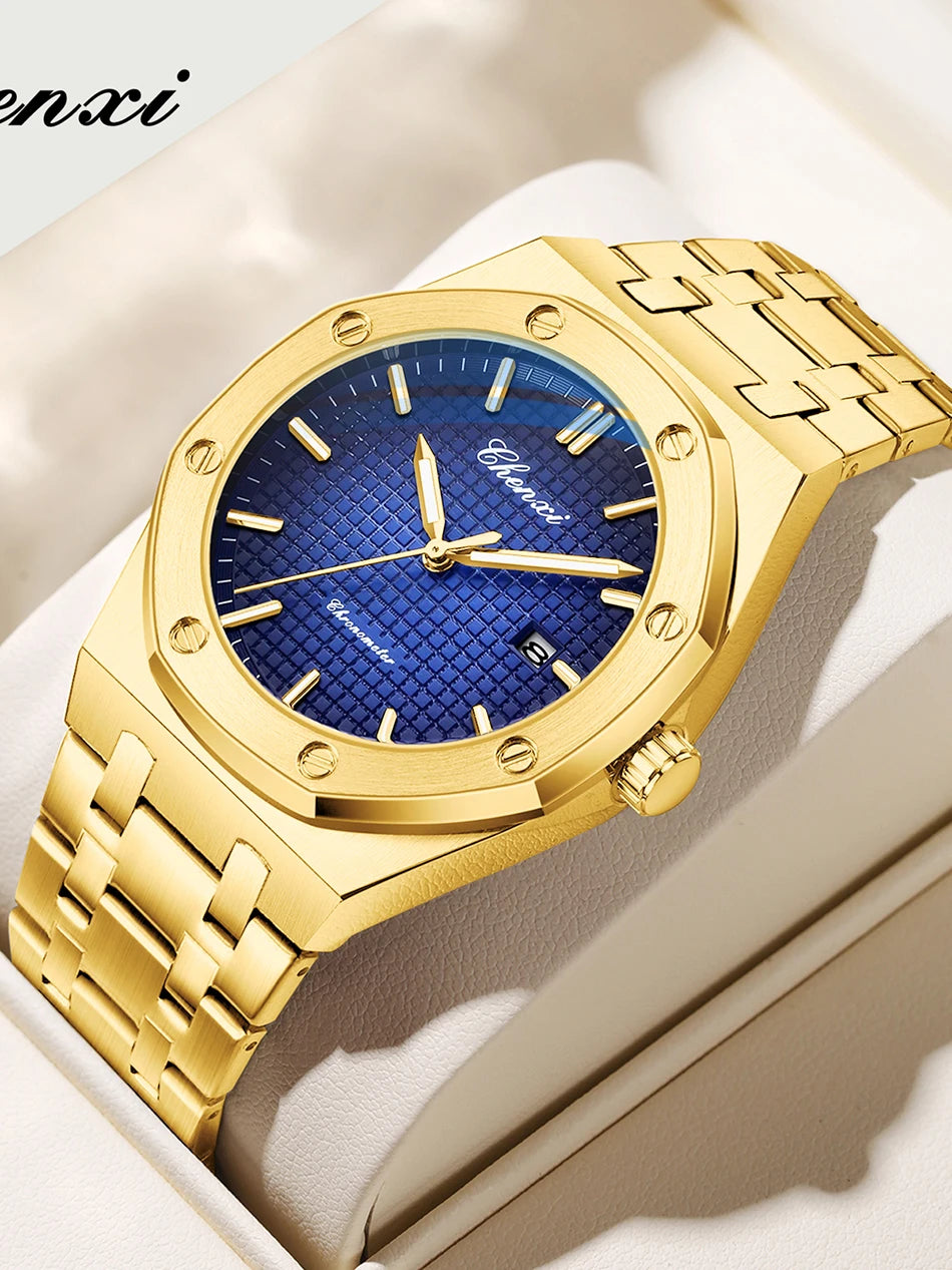 CHENXI NEW Men's Watches Fashion Casual Luminous Date Quartz Watch Male Clock Gifts 42mm Dial Gold Wristwatch Waterproof