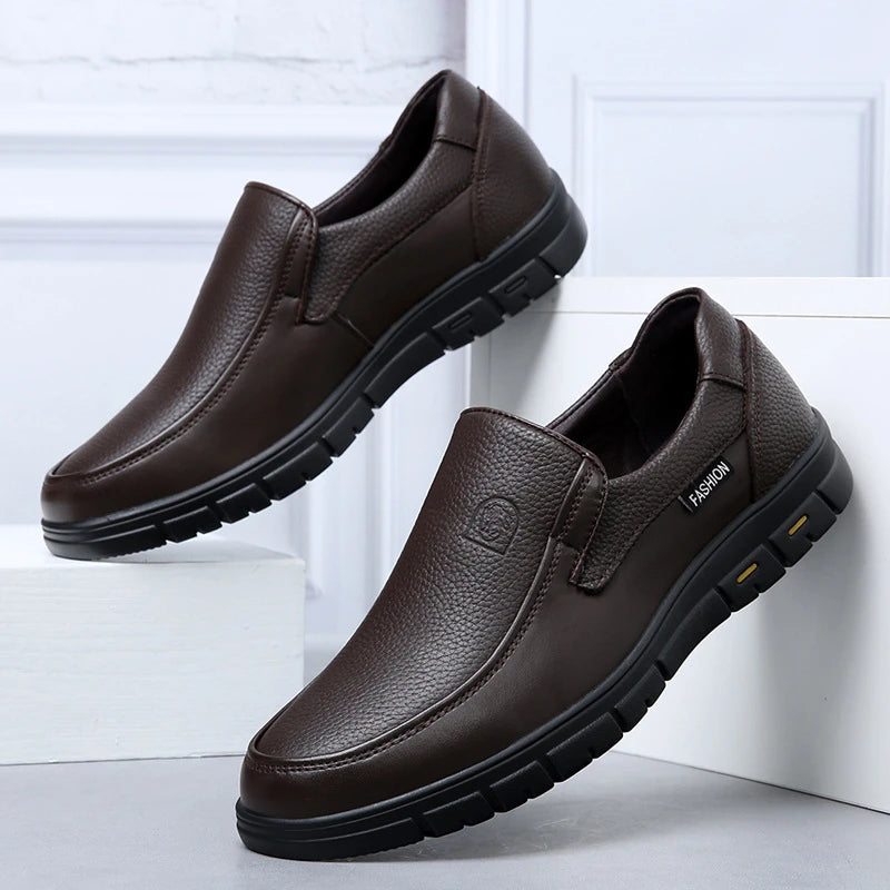 Mens Black Genuine Leather Slip On Loafers Soft Cushioned Sole Comfortable Business Casual Shoes For Middle Aged Dad Daily