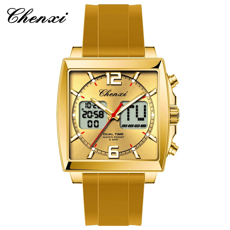 Fashion Casual Men Sports Watch Square Dial Dual Time CHENXI Watches Silicone Strap Waterproof Multifunction Wristwatch Male