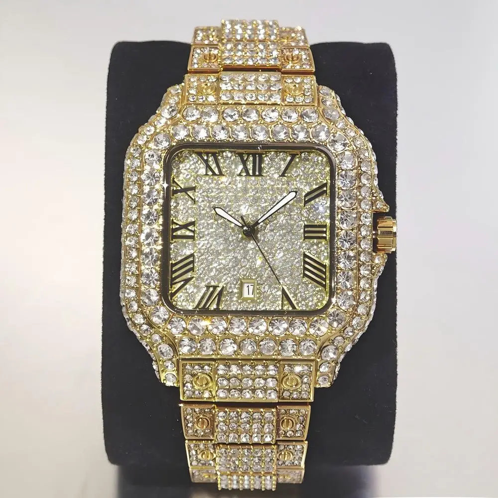 UNIGUET Cool Men's Watch Luxury Stainless Steel Quartz Watch Hip Hop Black Diamond Square Design Fashion Iced Wristwatch for Men