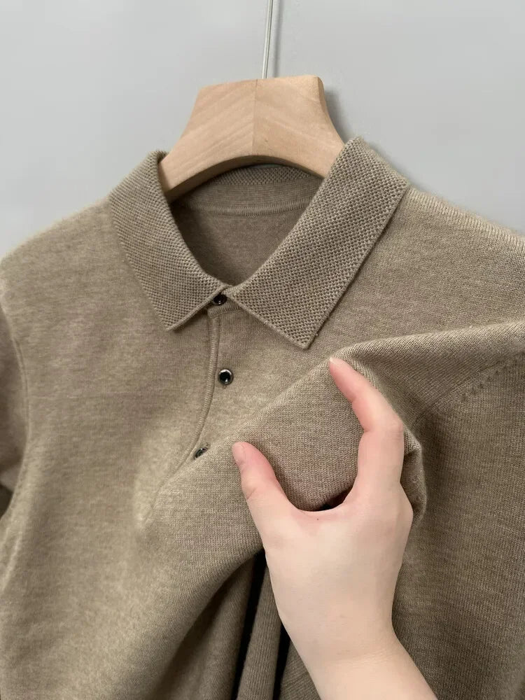 Autumn and Winter New Warm Soft Pullover Men's Business Lapel Knitwear Casual Solid Color Long Sleeve Polo Shirt Office