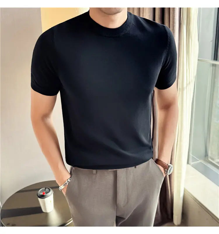 High-quality Men's Short-sleeve Knitted Sweater T-shirt O-Neck Solid Color Men Pullover T Shirts Slim Fit Stretch Undershirt Top