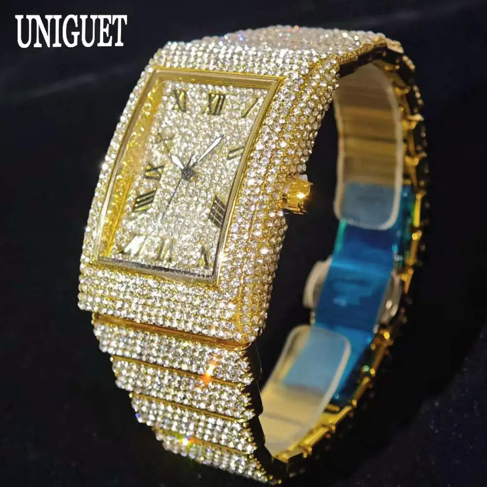 Fashion Rose Watch For Men Luxury Stainless Street Hip Hop Ice Diamond Rectangle Wristwatch Male With Calendar Rlógios Masculino