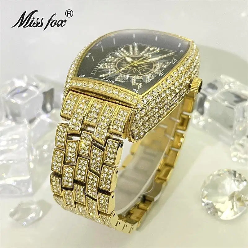Luxury Gold Watches Men Brand MISSFOX Fashion Hip Hop lce Diamond Sun Pattern Literal Quartz Wristwatch Male Dropshipping Hot