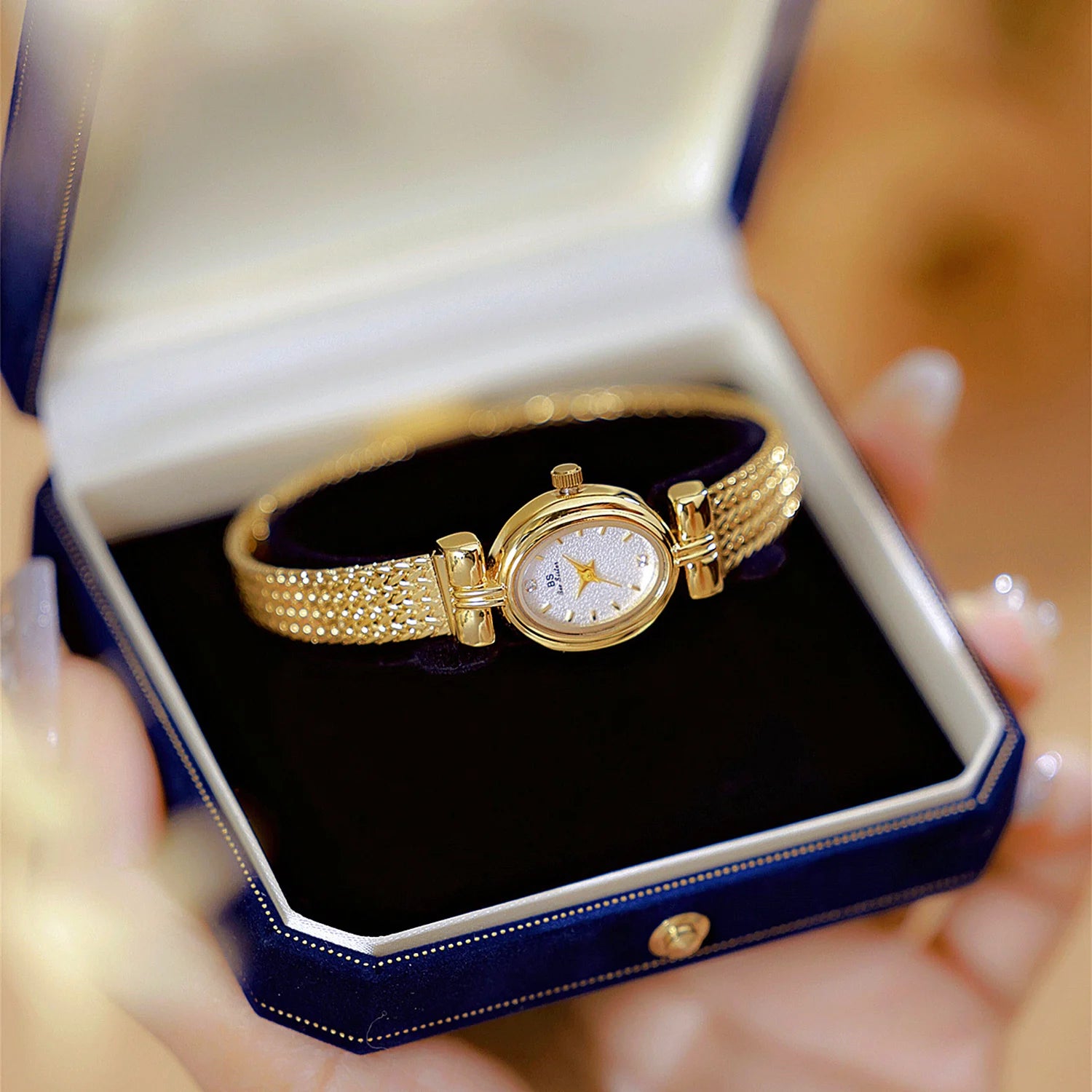 BS Original Brand Watch For Woman Oval Gold Mesh Strap Vintage Watch Women Ladies Quartz Watches Luxury Birthday Gifts Women