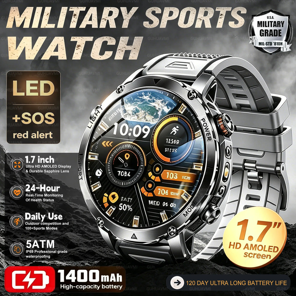 2026 New Smart Watch Bluetooth Call 1400mAh Large Battery Sport Heart Rate 1.7" Military Outdoor Men Smartwatch For Android IOS