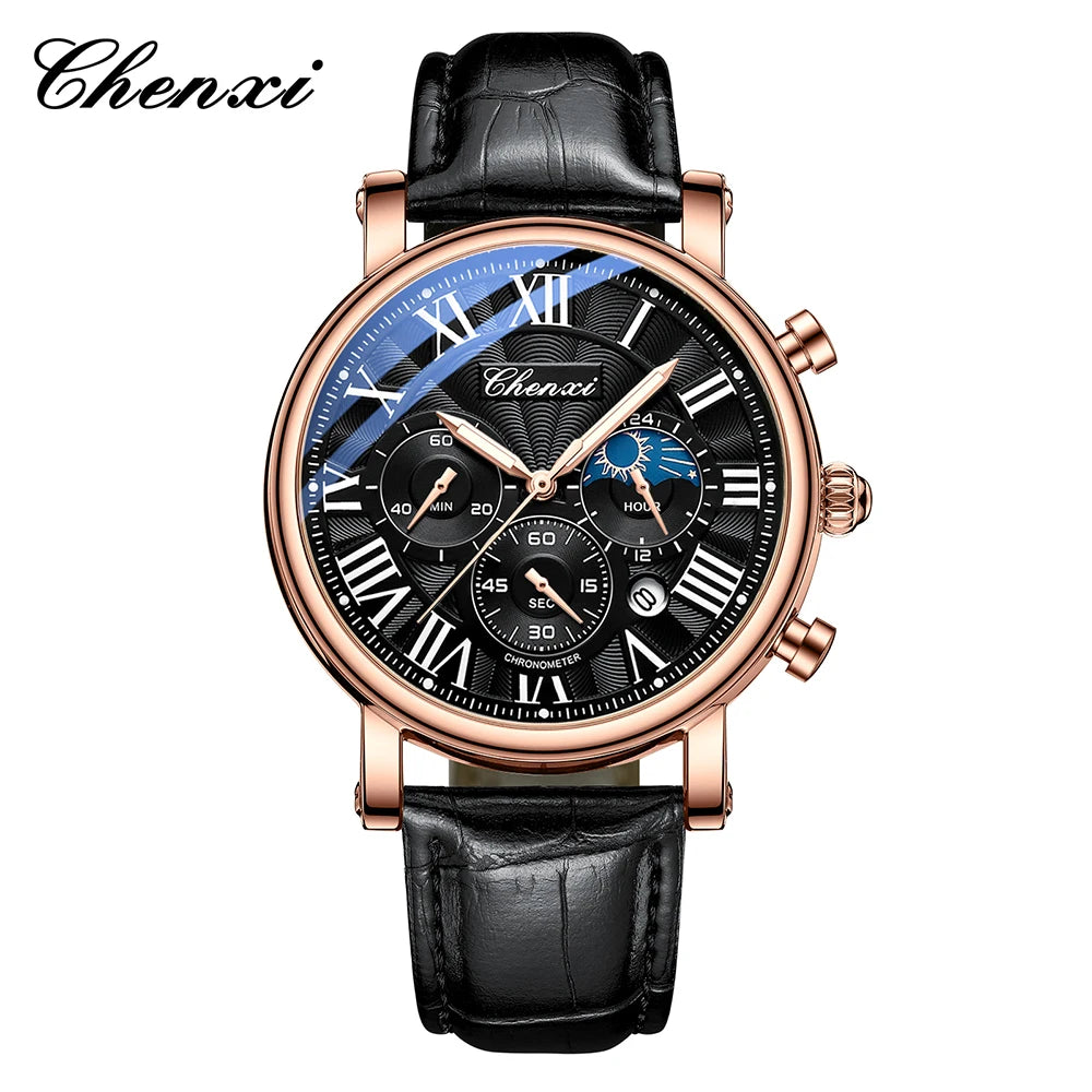 CHENXI Multifunction Men's Watches Business Roman Numerals Leather Strap Quartz Man Watch Chronograph Moon Phase Calendar