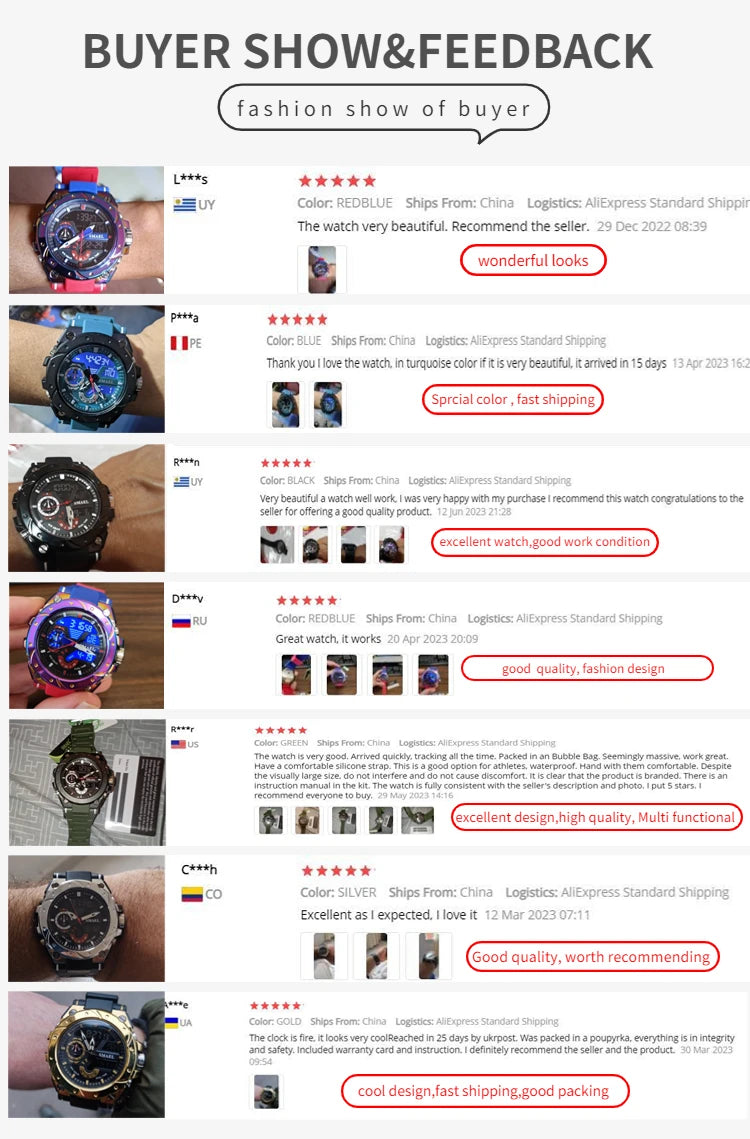 Quartz Watch For Men SMAEL Wristwatches Watcholorful Red Bracelet 50M Waterproof Alarm Clock Analog Digitals 8060 Sport Watches