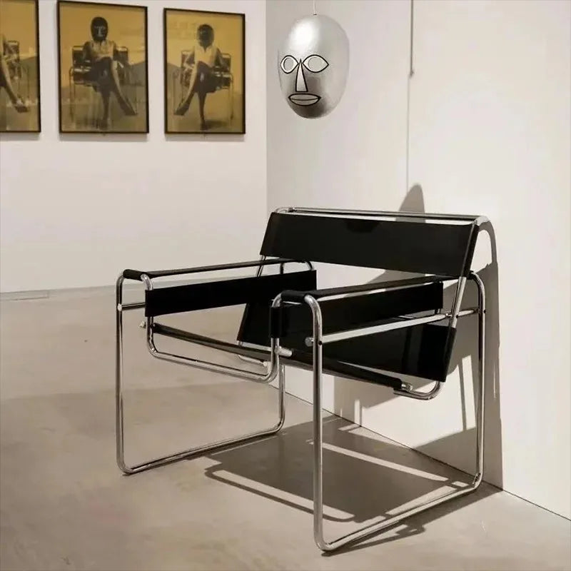 Mid Century Modern Leather Sling Chair Bauhaus Tubular Steel Minimalist Lounge Armchair