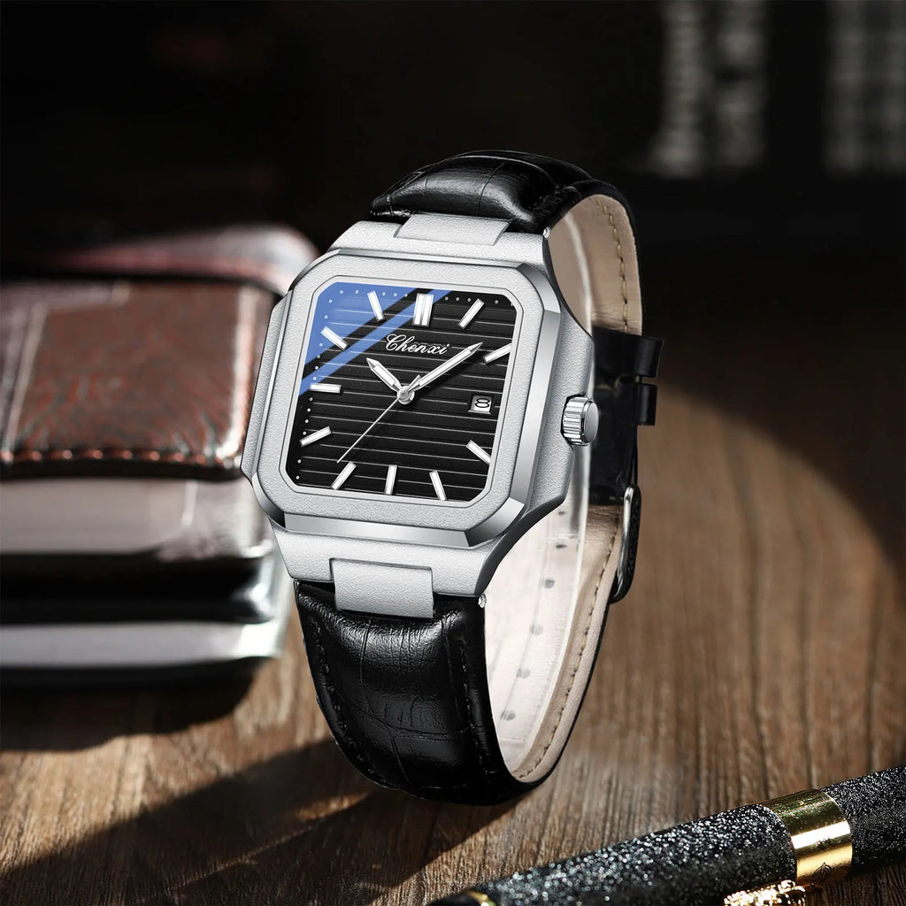 New High Quality Leather Man Watches Business Fashion Date Quartz Luxury Square Watch Men's Waterproof Luminous Clock