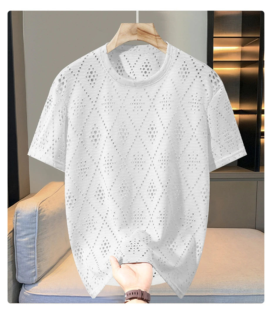 Summer Mesh Hollowed Out T-shirt Men 10XL Plus Size Summer Short Sleeve Tshirt Male Mesh Tops Tees Big Size 10XL
