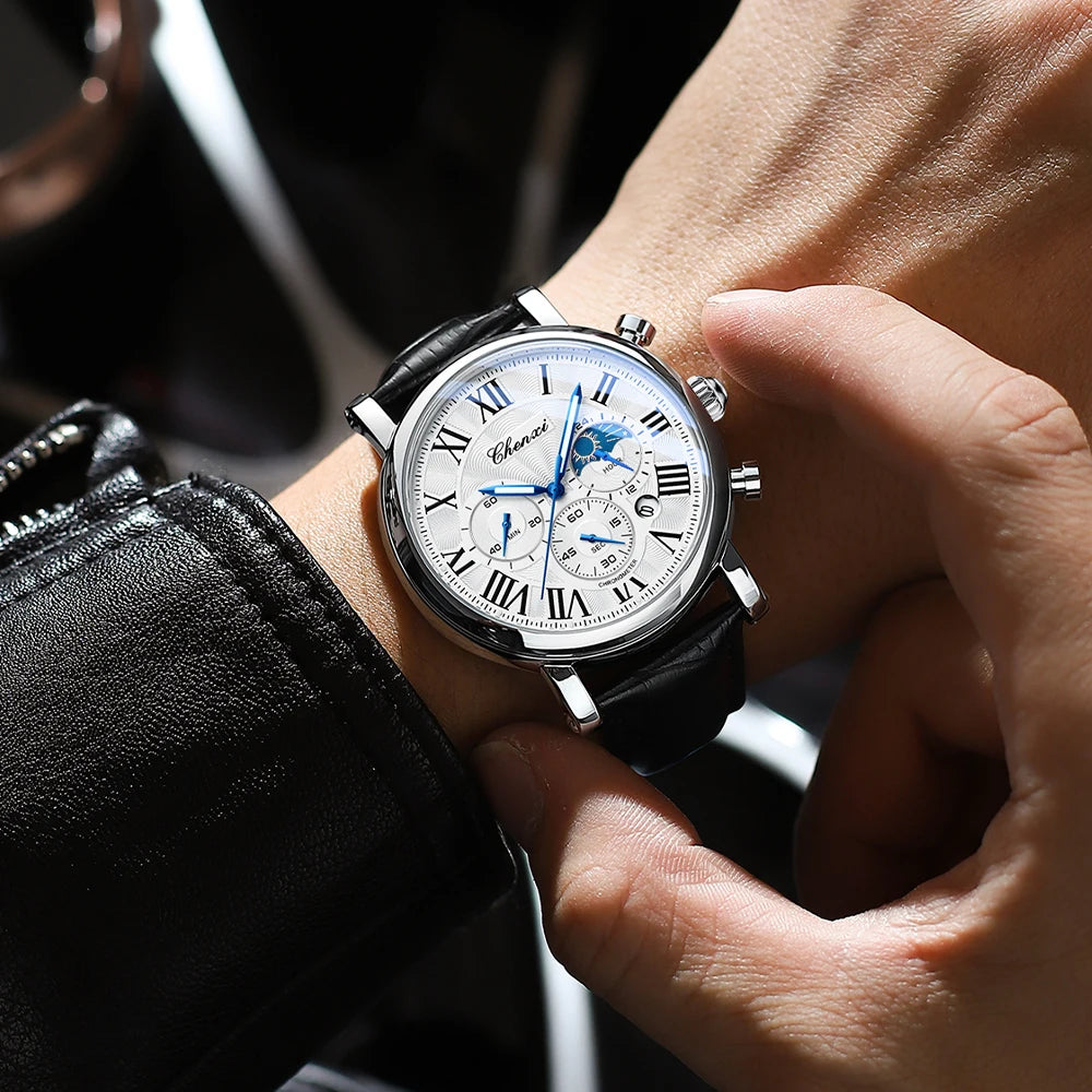 CHENXI Multifunction Men's Watches Business Roman Numerals Leather Strap Quartz Man Watch Chronograph Moon Phase Calendar