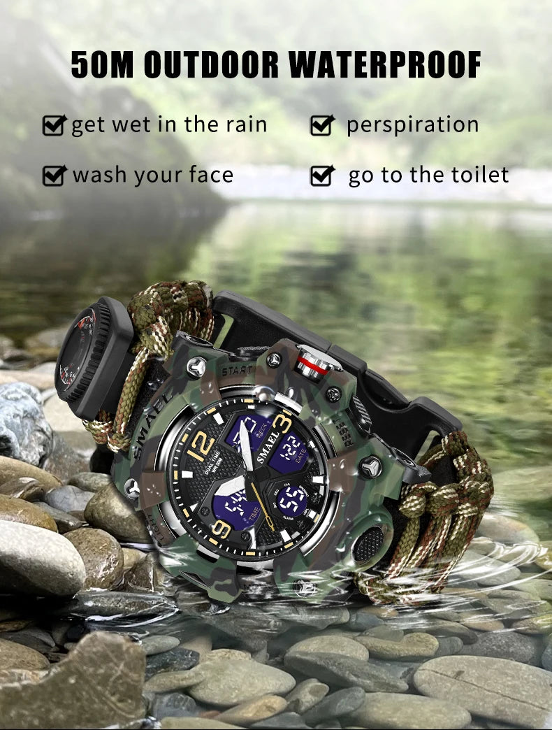 SMAEL 8008N Men's Military Sport Watch - 50M Waterproof LED Dual Time Alarm Stopwatch Compass SOS Shockproof