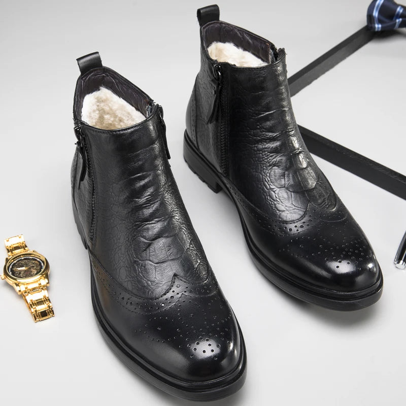 Genuine Leather Men Side Zipper Ankle Boots 2023 Men Winter Plush Snow Boots Fashion Men Casual Low Top Shoes All-match Men Shoe